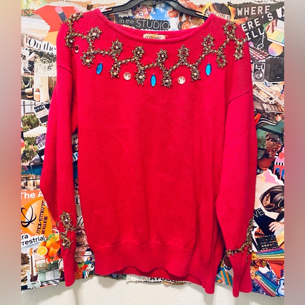 Vintage 80s Retro Crewneck Party Sweater Pink Fuchsia Blue Jewel Bedazzled Tacky